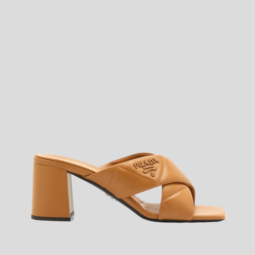 🆕 👡 Prada Quilted Lambskin Crisscross Slide Sandals Color: Caramello Size: 38